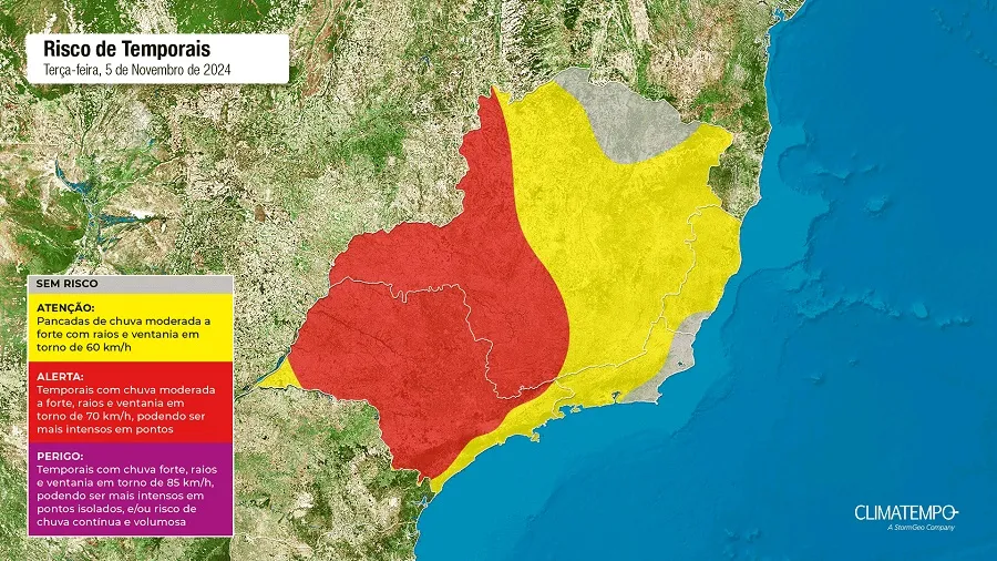 Trata-se de um mapa mostrando áreas de alerta para temporais, raios e ventania em partes de Minas Gerais e São Paulo